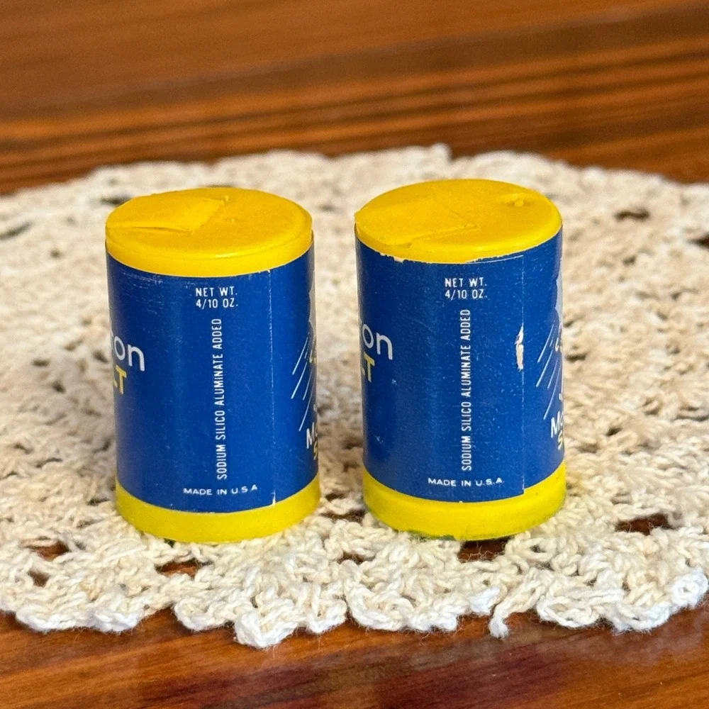 Morton Salt Miniature Shakers Set of 2 Blue Yellow Vintage 1.5in Advertising USA